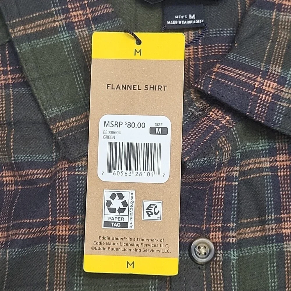 Eddie Bauer Mens Flannel Shirt Medium Size Green Button Front Long Sleeves Top